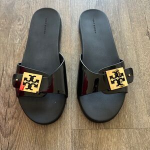 Tory Burch Black Sandals with Gold Logo